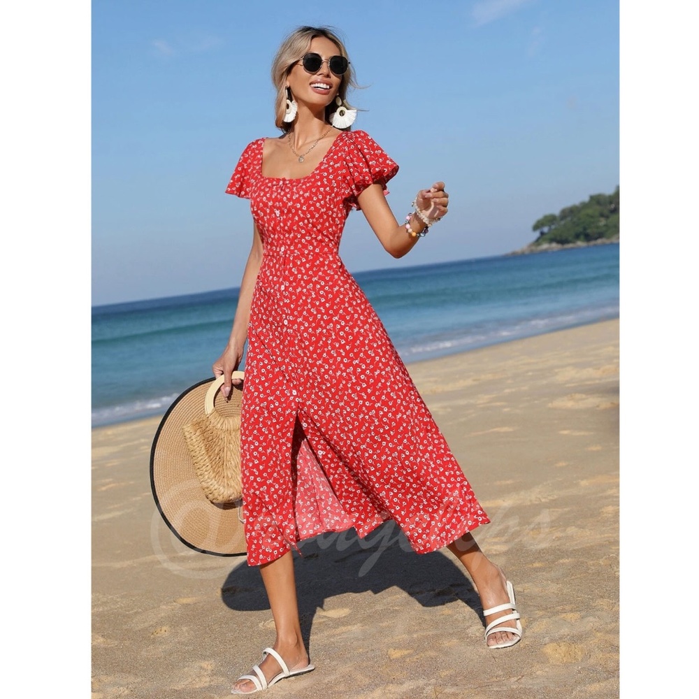 Boho Red Floral Square Neck Ruffle Hem Midi Length, A Line Button Up Dress - Picture 4 of 7